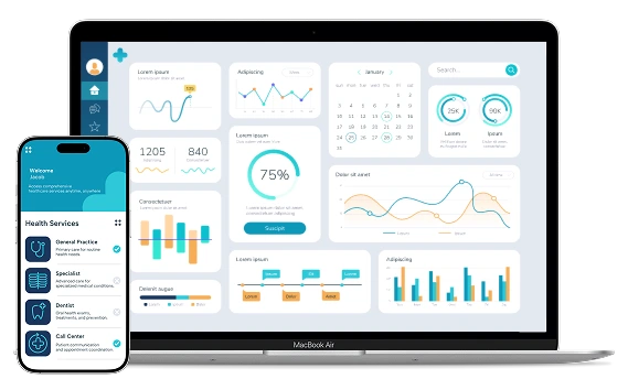 Dashboard interface of a unified communication platform displaying healthcare analytics, real-time performance metrics, and service access via desktop and mobile devices.