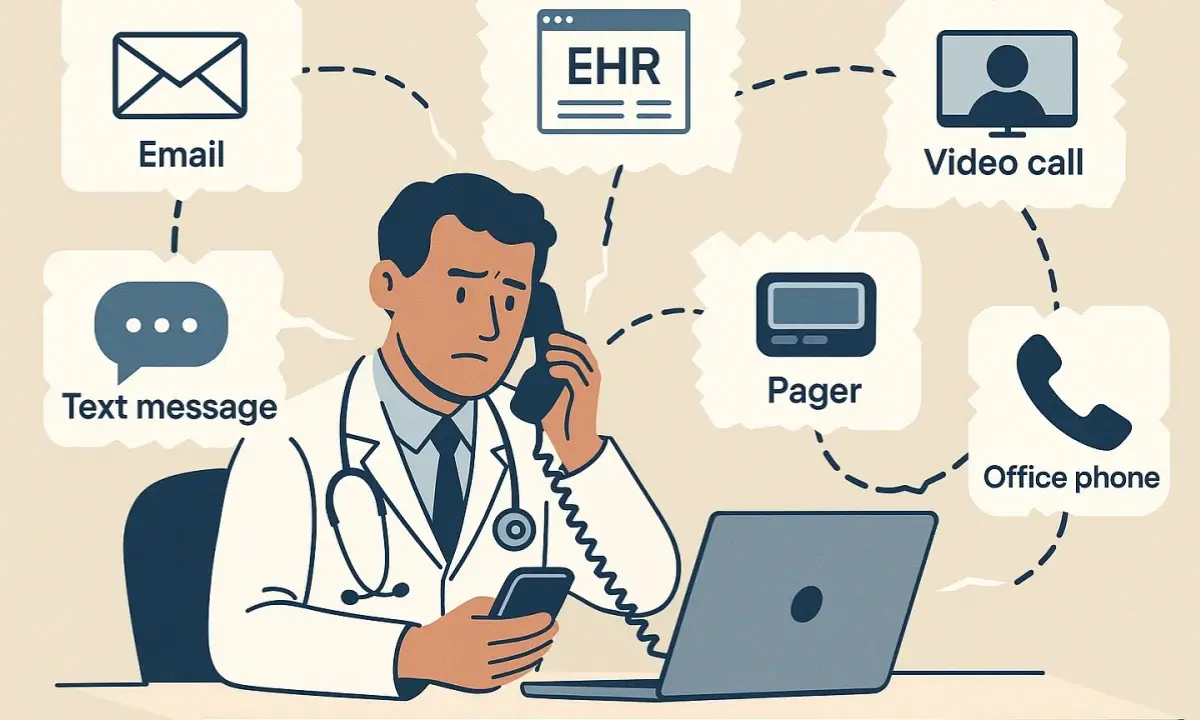 Illustration of a frustrated clinician juggling multiple clinical communication tools including email, text message, pager, video call, office phone, and EHR system, highlighting fragmentation and inefficiencies in healthcare communication workflows