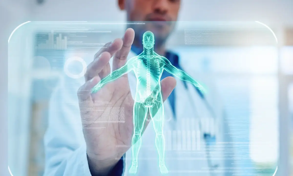Clinician interacting with a digital human anatomy interface, representing how a unified communication platform enhances intelligent, real-time decision-making in healthcare.